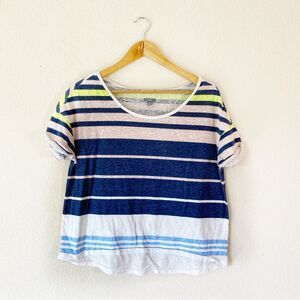 Aerie Blue White Pink Neon Yellow Boyfriend Fit Stripe Tee Top Size Small